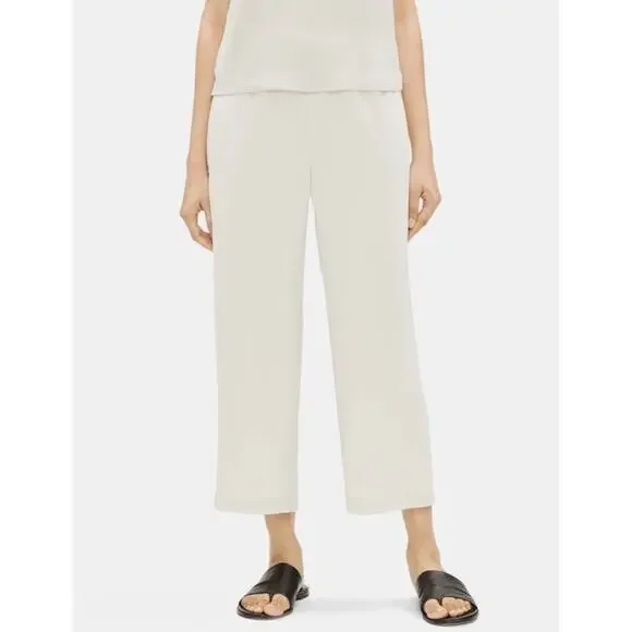Eileen Fisher Size XL Silk Georgette Crepe Cropped Pants Wide Leg Pull On Bone - Picture 3 of 16